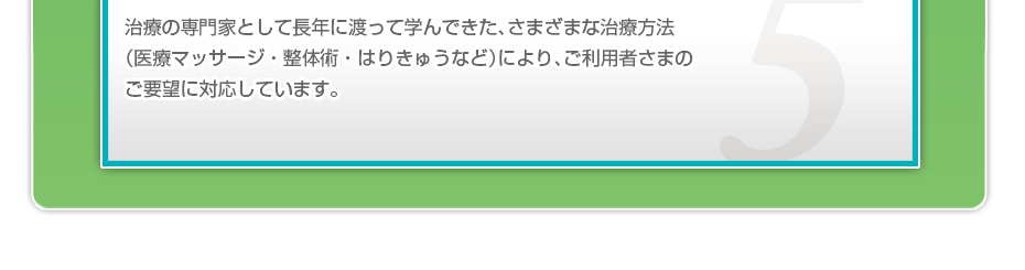 治療の専門家として長年に渡って学んできた、さまざまな治療方法(医療マッサージ・整体術・はりきゅうなど)により、ご利用者さまのご要望に対応しています。