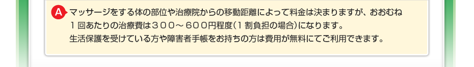 マッサージをする体の部位や治療院からの移動距離によって料金は決まりますが、 おおむね1回あたりの治療費は300~600円程度(1割負担の場合)になります。 生活保護を受けている方や障害者手帳をお持ちの方は費用が無料にてご利用できます。
